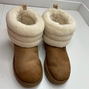 UGG Fluff Mini Quilted Suede Women Boots sz 7 Chestnut